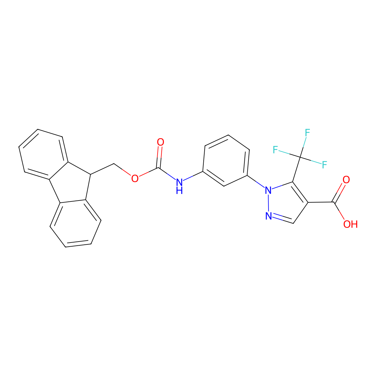 1-[3-({[(9H-fluoren-9-yl)methoxy]carbonyl}amino)phenyl]-5-(trifluoromethyl)-1H-pyrazole-4-carboxylic acid molecular structure, CAS 2639415-50-0