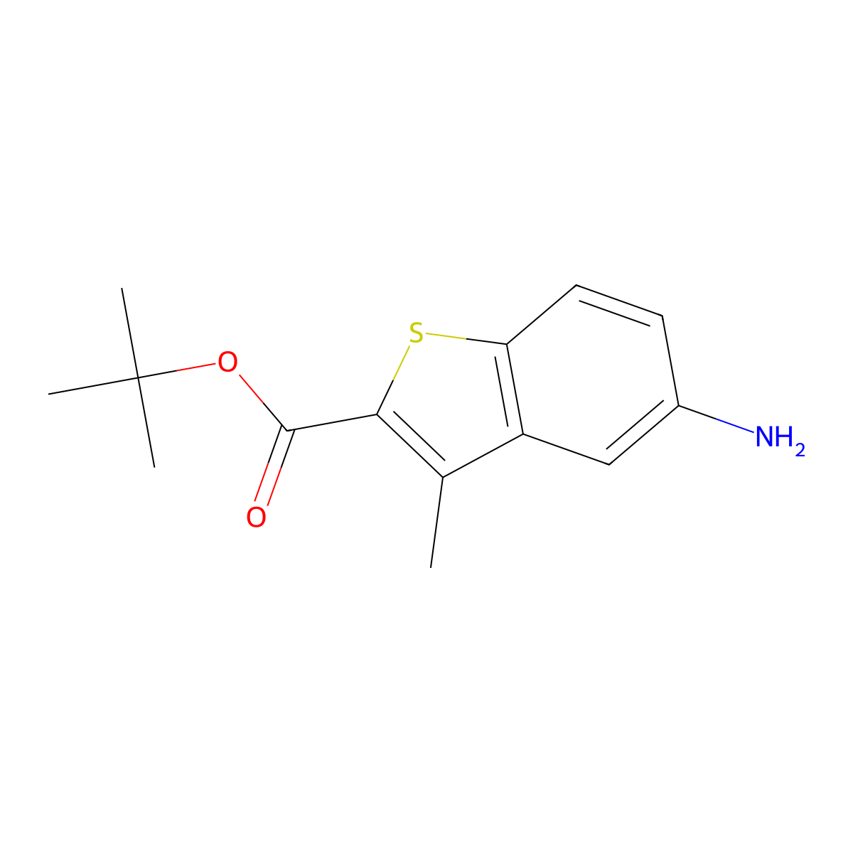Tert-butyl 5-amino-3-methyl-1-benzothiophene-2-carboxylate molecular structure, CAS 2639415-88-4