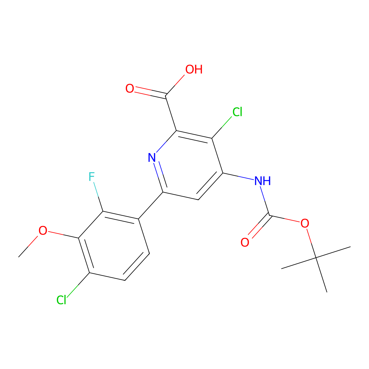 4-{[(Tert-butoxy)carbonyl]amino}-3-chloro-6-(4-chloro-2-fluoro-3-methoxyphenyl)pyridine-2-carboxylic acid molecular structure, CAS 2639417-57-3