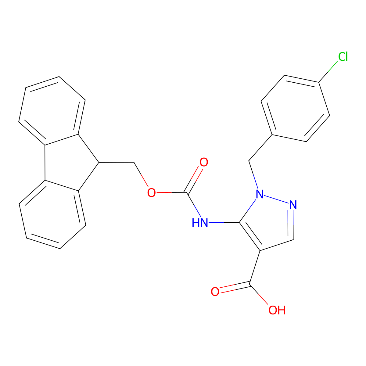 1-[(4-chlorophenyl)methyl]-5-({[(9H-fluoren-9-yl)methoxy]carbonyl}amino)-1H-pyrazole-4-carboxylic acid molecular structure, CAS 2639417-82-4