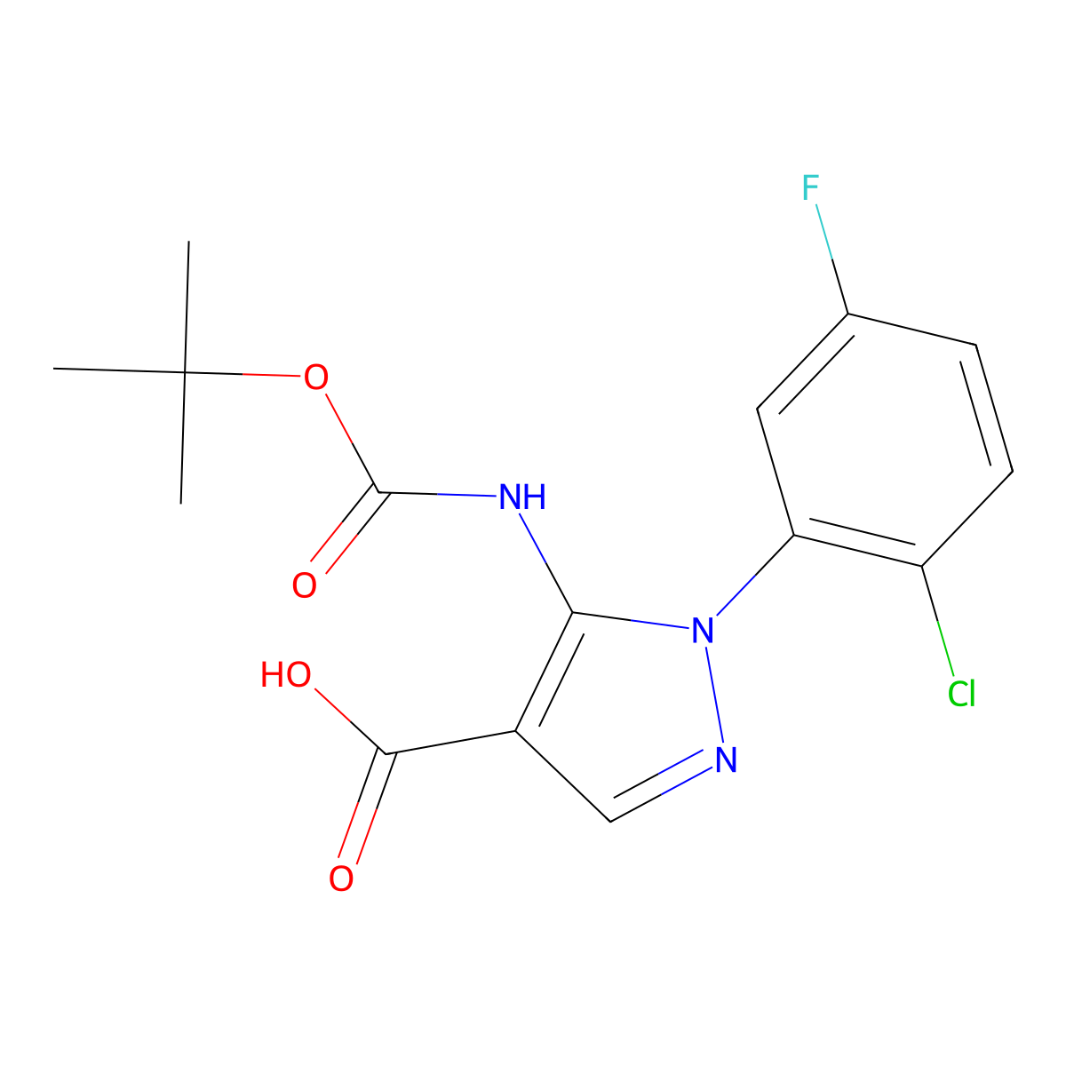 5-{[(tert-butoxy)carbonyl]amino}-1-(2-chloro-5-fluorophenyl)-1H-pyrazole-4-carboxylic acid molecular structure, CAS 2639417-90-4