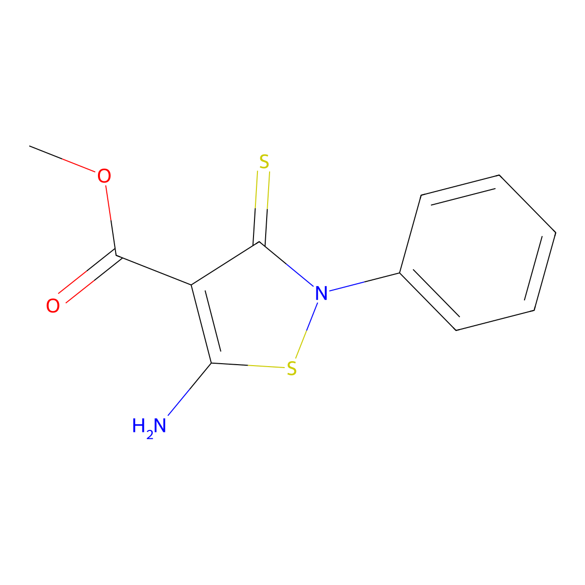 Methyl 5-amino-2-phenyl-3-sulfanylidene-2,3-dihydro-1,2-thiazole-4-carboxylate molecular structure, CAS 2639418-01-0