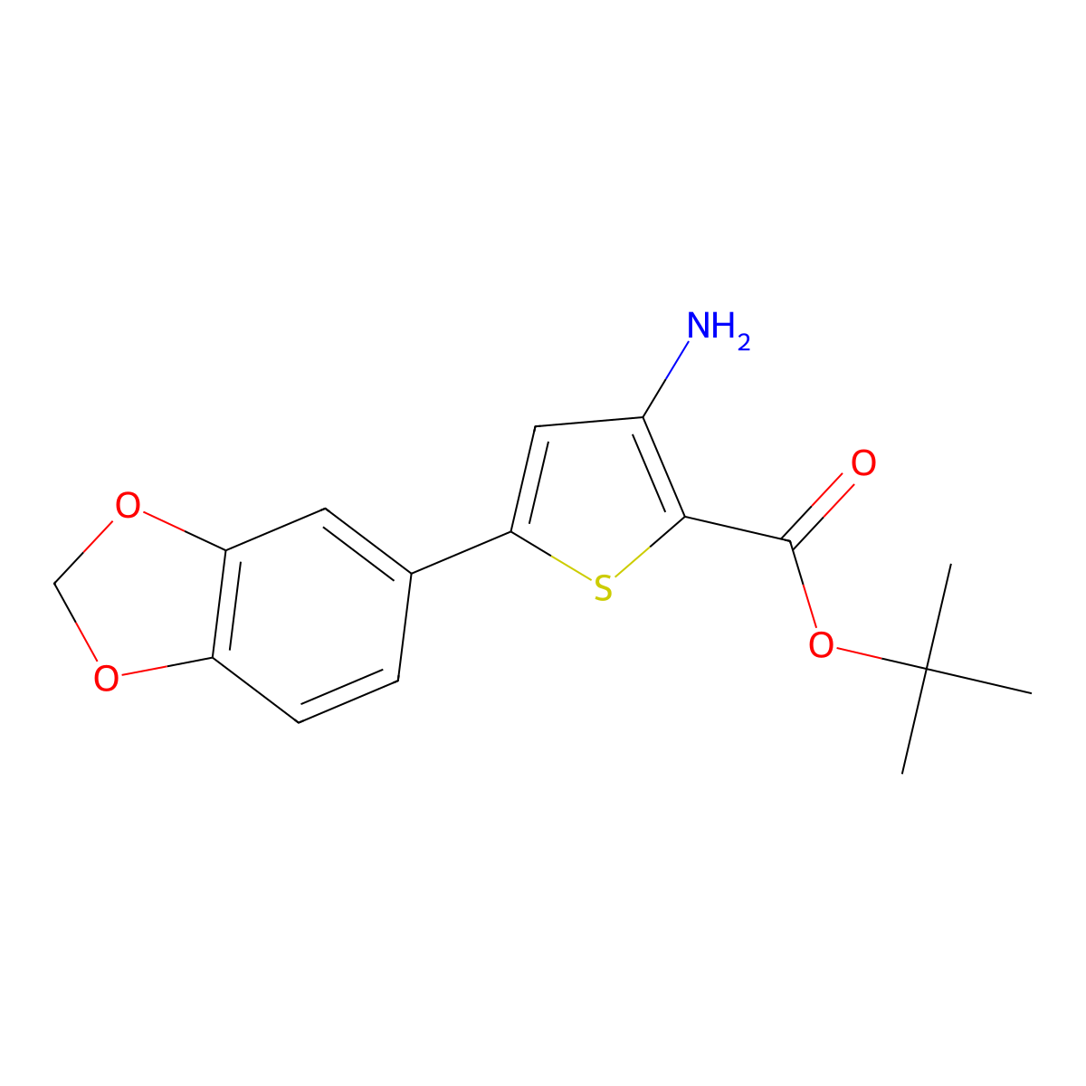Tert-butyl 3-amino-5-(1,3-dioxaindan-5-yl)thiophene-2-carboxylate molecular structure, CAS 2639418-25-8