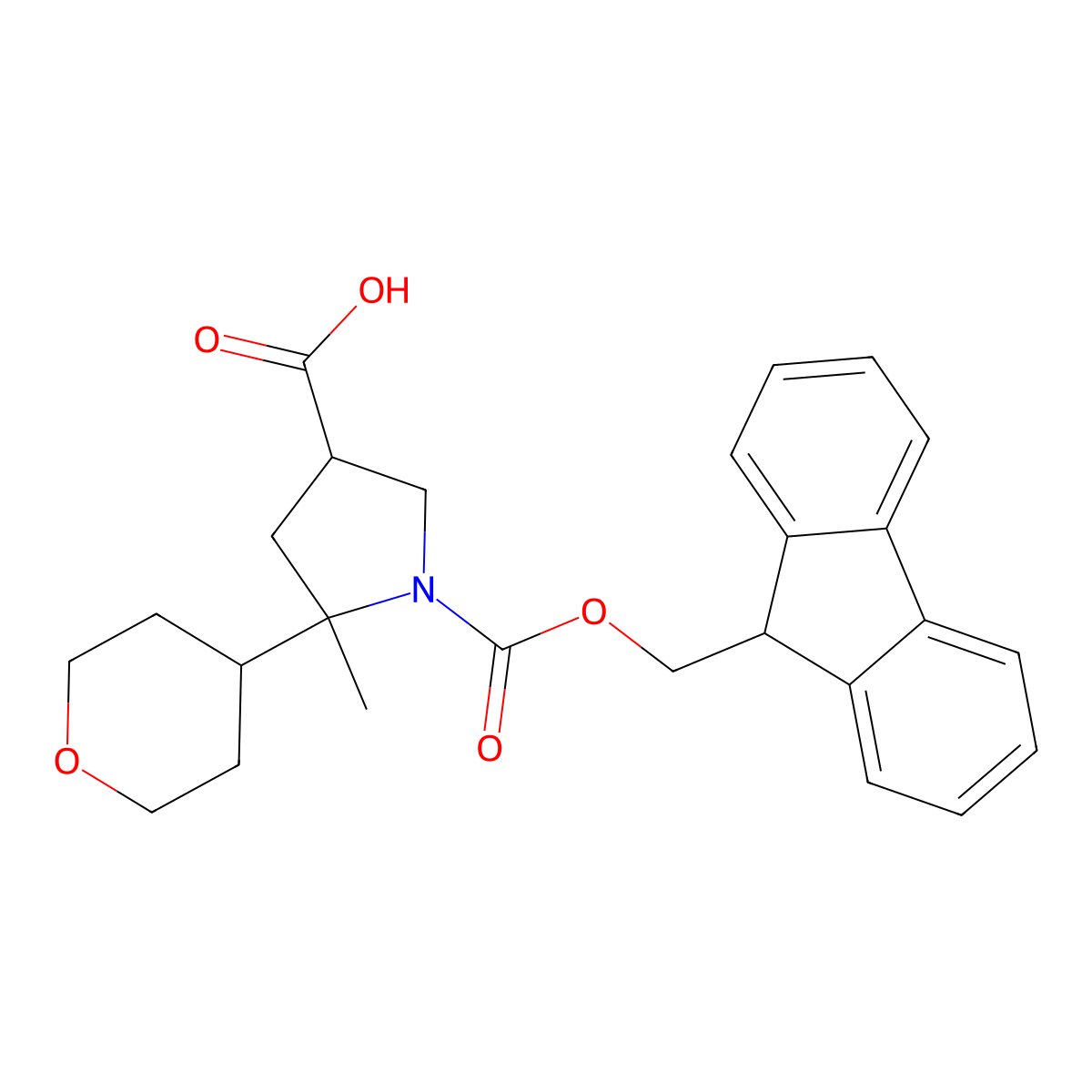 1-{[(9H-fluoren-9-yl)methoxy]carbonyl}-5-methyl-5-(oxan-4-yl)pyrrolidine-3-carboxylic acid molecular structure, CAS 2639418-35-0