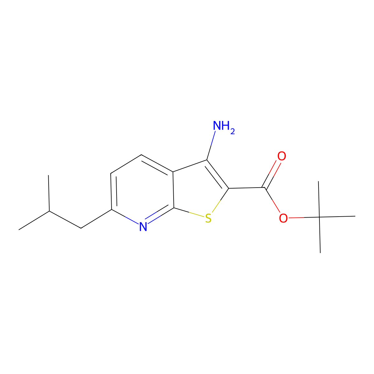 Tert-butyl 3-amino-6-(2-methylpropyl)thieno[2,3-b]pyridine-2-carboxylate molecular structure, CAS 2639418-37-2