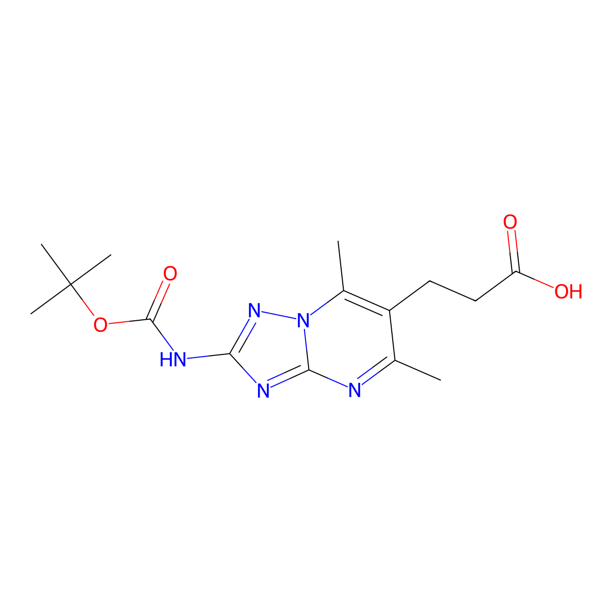 3-(2-{[(Tert-butoxy)carbonyl]amino}-5,7-dimethyl-[1,2,4]triazolo[1,5-a]pyrimidin-6-yl)propanoic acid molecular structure, CAS 2639418-48-5
