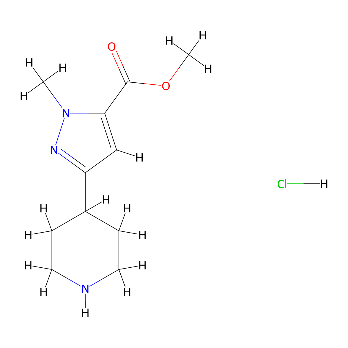 methyl 1-methyl-3-(piperidin-4-yl)-1H-pyrazole-5-carboxylate hydrochloride molecular structure, CAS 2639418-59-8