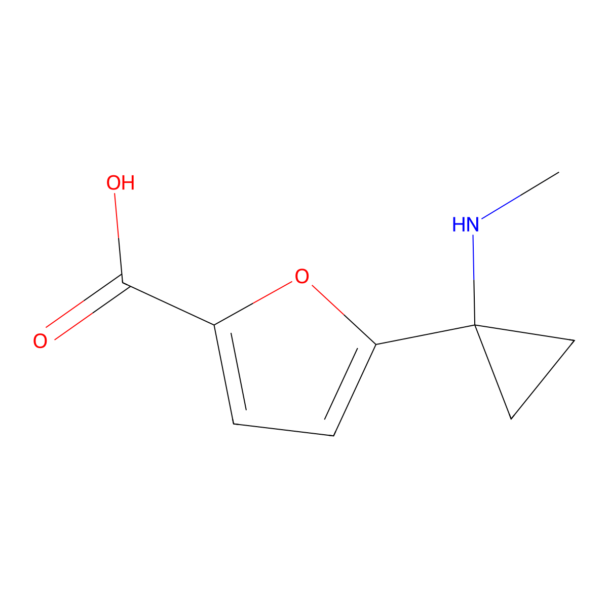 5-[1-(Methylamino)cyclopropyl]furan-2-carboxylic acid molecular structure, CAS 2639418-91-8