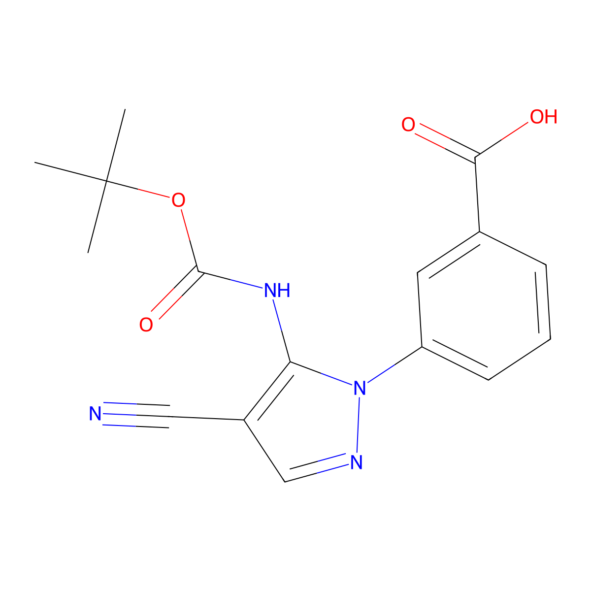 3-(5-{[(tert-butoxy)carbonyl]amino}-4-cyano-1H-pyrazol-1-yl)benzoic acid molecular structure, CAS 2639419-12-6