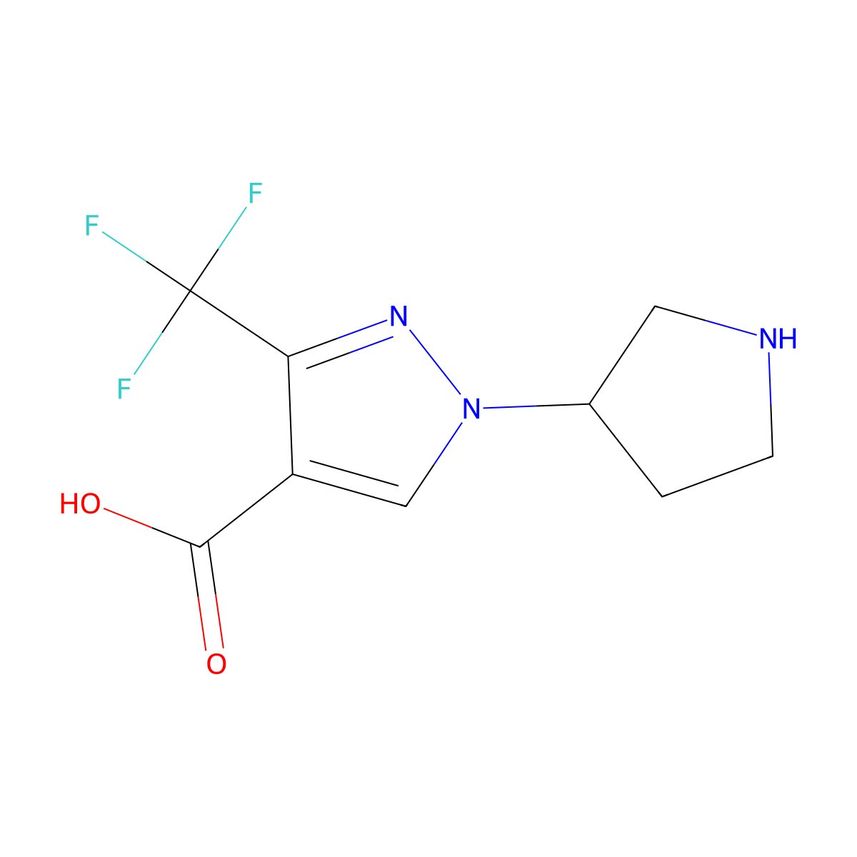 1-(pyrrolidin-3-yl)-3-(trifluoromethyl)-1H-pyrazole-4-carboxylic acid molecular structure, CAS 2639421-30-8