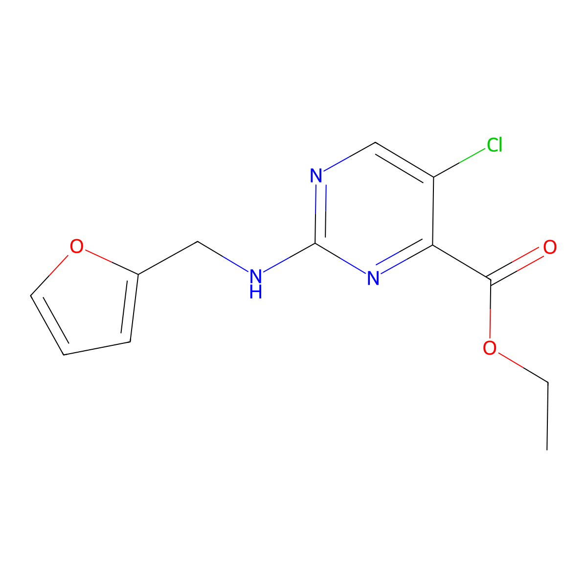 Ethyl 5-chloro-2-{[(furan-2-yl)methyl]amino}pyrimidine-4-carboxylate molecular structure, CAS 2639421-40-0