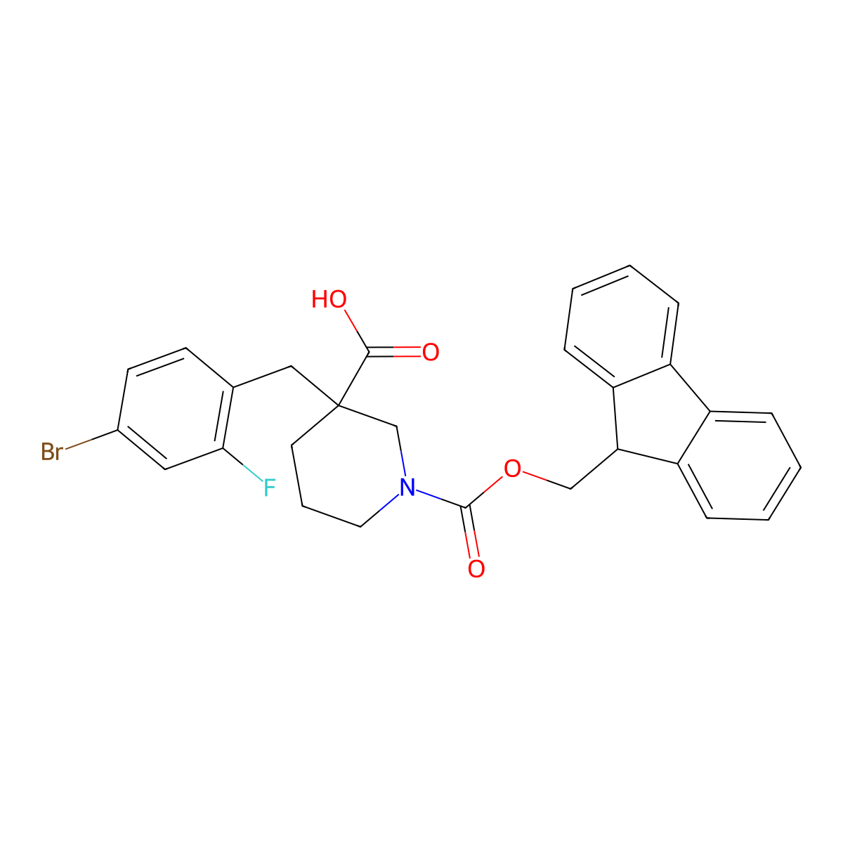 3-[(4-bromo-2-fluorophenyl)methyl]-1-{[(9H-fluoren-9-yl)methoxy]carbonyl}piperidine-3-carboxylic acid molecular structure, CAS 2639421-72-8