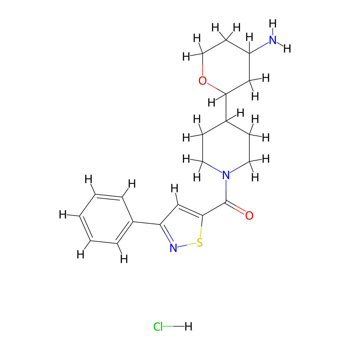 2-[1-(3-Phenyl-1,2-thiazole-5-carbonyl)piperidin-4-yl]oxan-4-amine hydrochloride molecular structure, CAS 2639421-77-3