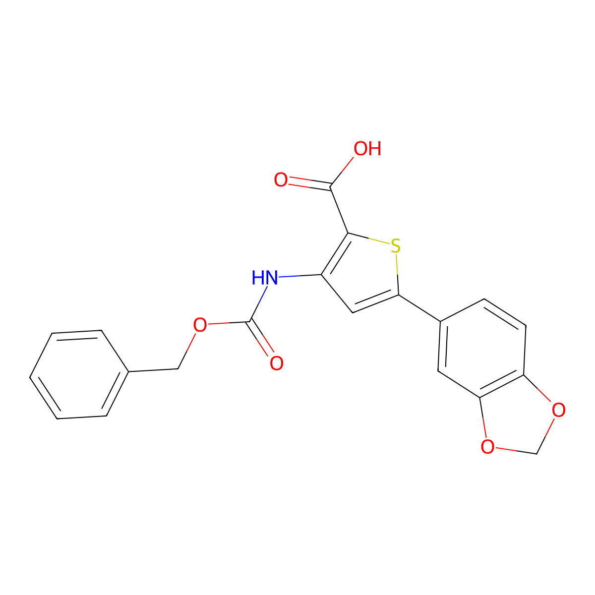 5-(1,3-Dioxaindan-5-yl)-3-{[(benzyloxy)carbonyl]amino}thiophene-2-carboxylic acid molecular structure, CAS 2639423-00-8