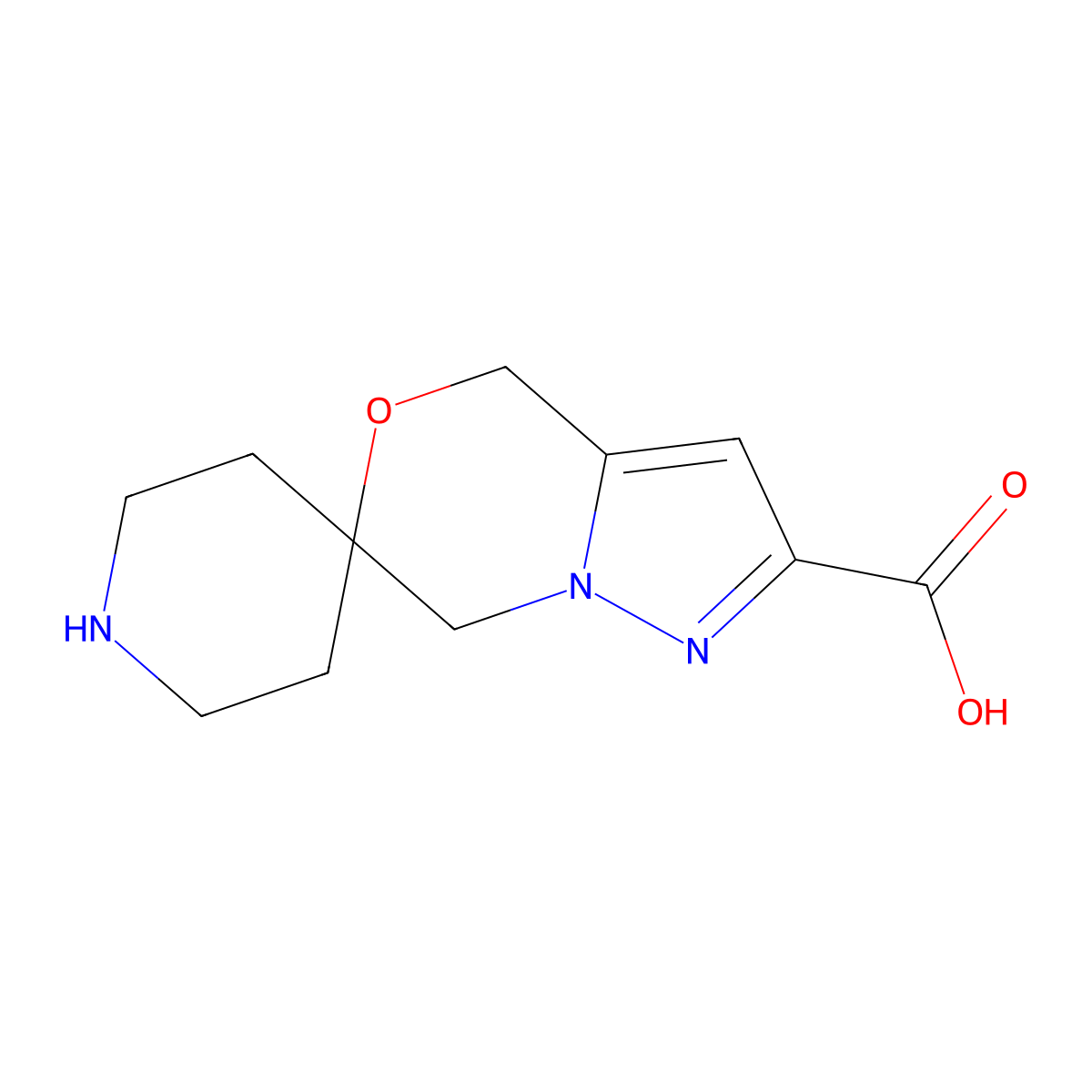 4',7'-Dihydrospiro[piperidine-4,6'-pyrazolo[3,2-c][1,4]oxazine]-2'-carboxylic acid molecular structure, CAS 2639423-59-7