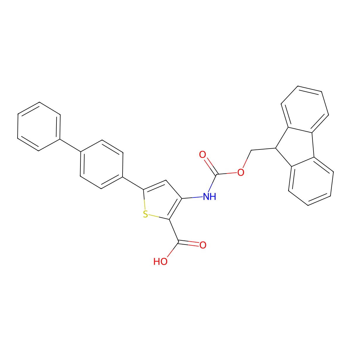 5-{[1,1'-biphenyl]-4-yl}-3-({[(9H-fluoren-9-yl)methoxy]carbonyl}amino)thiophene-2-carboxylic acid molecular structure, CAS 2639424-47-6