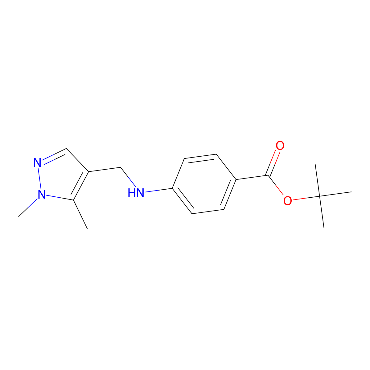 tert-butyl 4-{[(1,5-dimethyl-1H-pyrazol-4-yl)methyl]amino}benzoate molecular structure, CAS 2639424-63-6