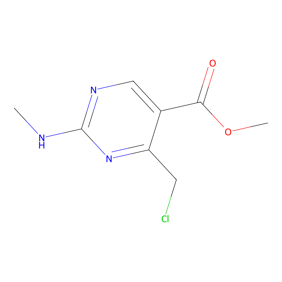 Methyl 4-(chloromethyl)-2-(methylamino)pyrimidine-5-carboxylate molecular structure, CAS 2639424-71-6