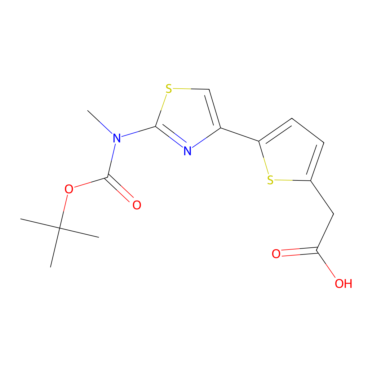2-[5-(2-{[(Tert-butoxy)carbonyl](methyl)amino}-1,3-thiazol-4-yl)thiophen-2-yl]acetic acid molecular structure, CAS 2639424-80-7