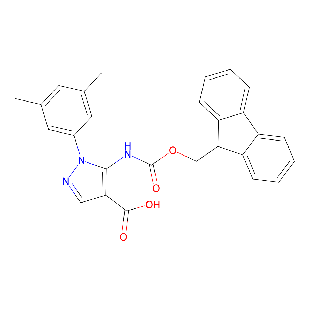 1-(3,5-dimethylphenyl)-5-({[(9H-fluoren-9-yl)methoxy]carbonyl}amino)-1H-pyrazole-4-carboxylic acid molecular structure, CAS 2639425-14-0