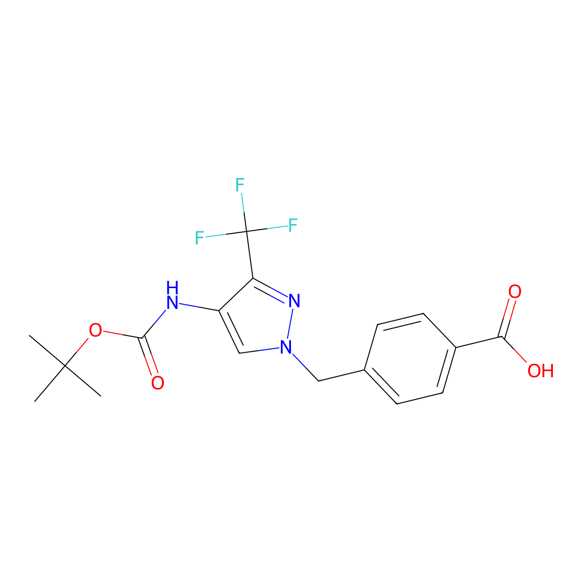 4-[(4-{[(tert-butoxy)carbonyl]amino}-3-(trifluoromethyl)-1H-pyrazol-1-yl)methyl]benzoic acid molecular structure, CAS 2639425-35-5