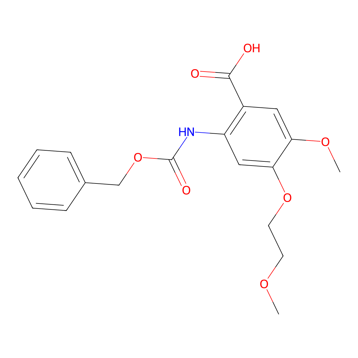 2-{[(Benzyloxy)carbonyl]amino}-5-methoxy-4-(2-methoxyethoxy)benzoic acid molecular structure, CAS 2639425-36-6