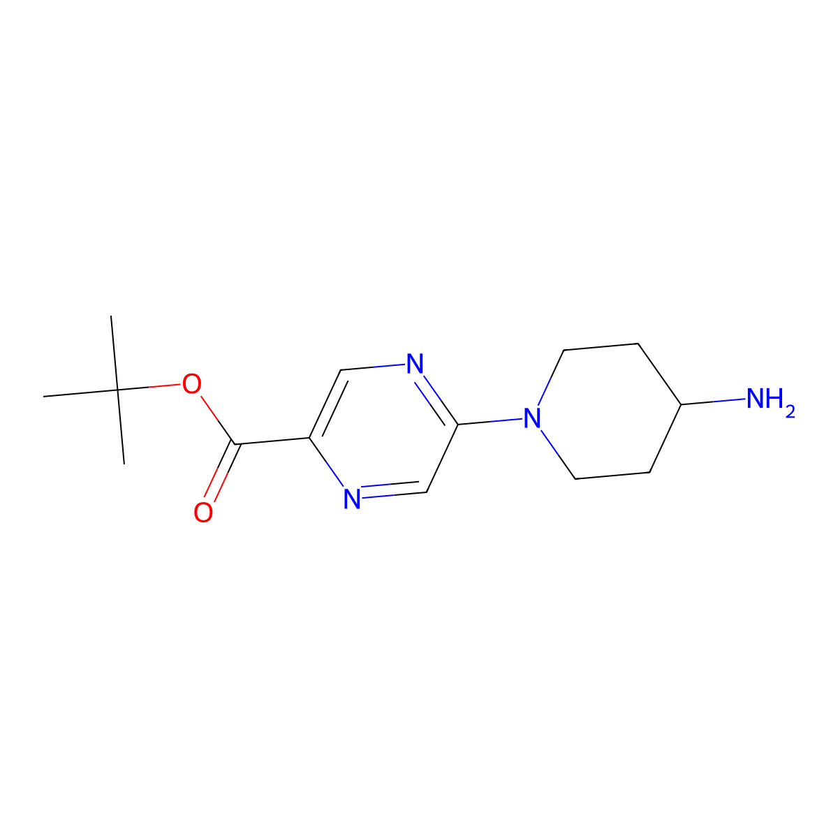 Tert-butyl 5-(4-aminopiperidin-1-yl)pyrazine-2-carboxylate molecular structure, CAS 2639426-36-9
