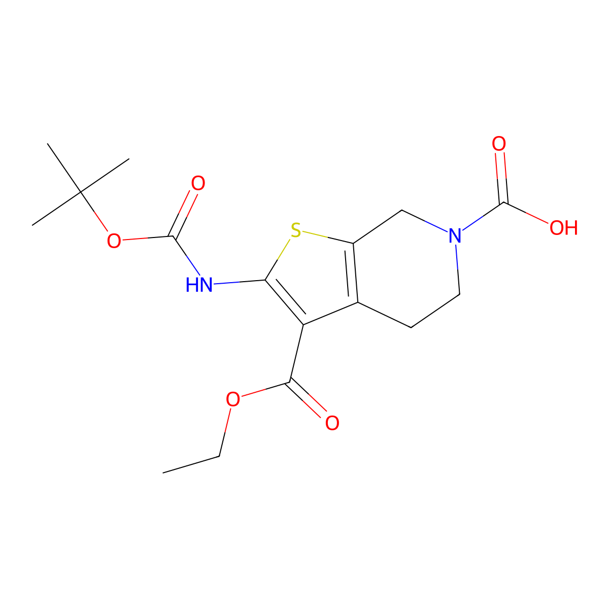 2-{[(tert-butoxy)carbonyl]amino}-3-(ethoxycarbonyl)-4H,5H,6H,7H-thieno[2,3-c]pyridine-6-carboxylic acid molecular structure, CAS 2639426-59-6