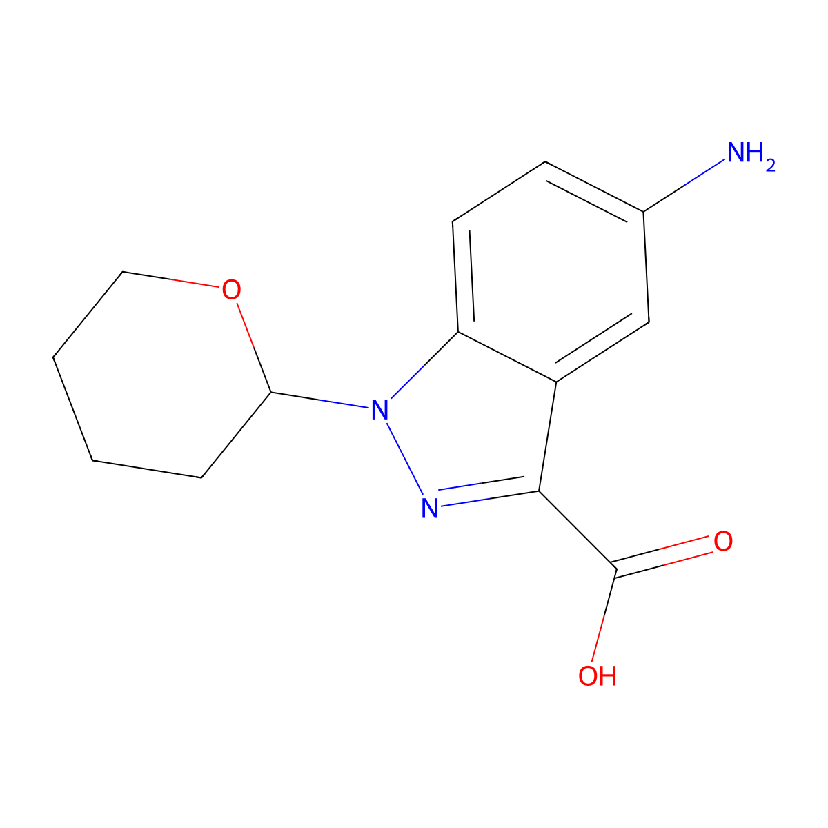 5-amino-1-(oxan-2-yl)-1H-indazole-3-carboxylic acid molecular structure, CAS 2639428-32-1