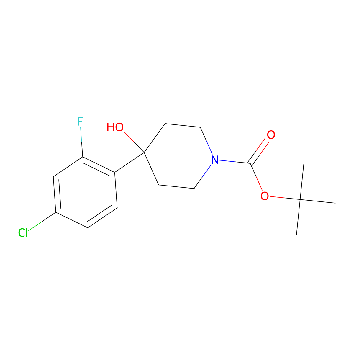 Tert-butyl 4-(4-chloro-2-fluorophenyl)-4-hydroxypiperidine-1-carboxylate molecular structure, CAS 2639429-77-7