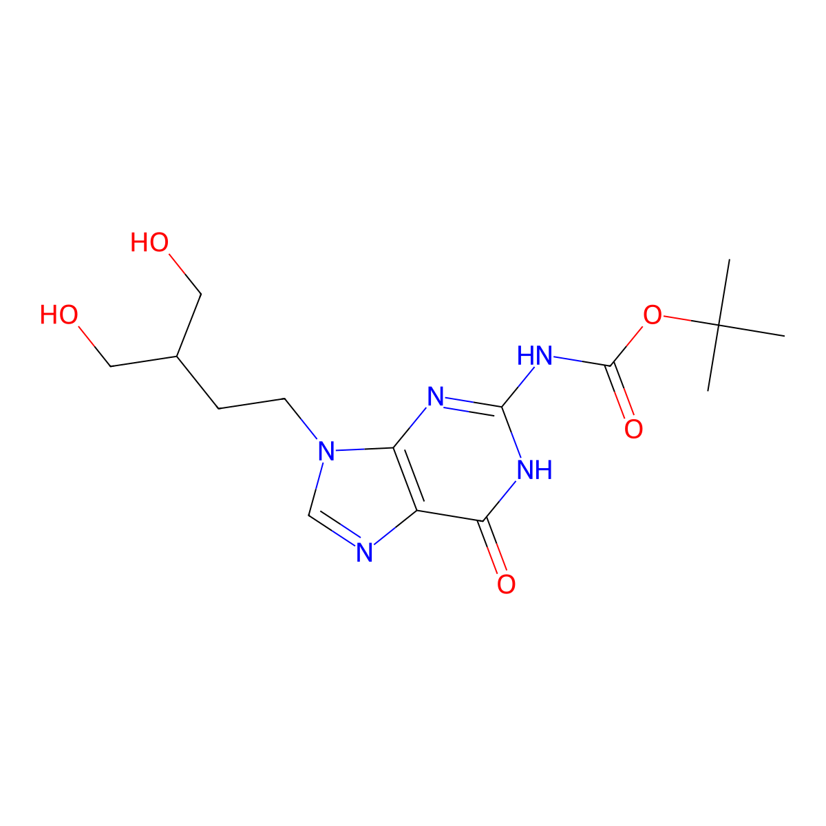 tert-butyl N-{9-[4-hydroxy-3-(hydroxymethyl)butyl]-6-oxo-6,9-dihydro-1H-purin-2-yl}carbamate molecular structure, CAS 2639430-28-5