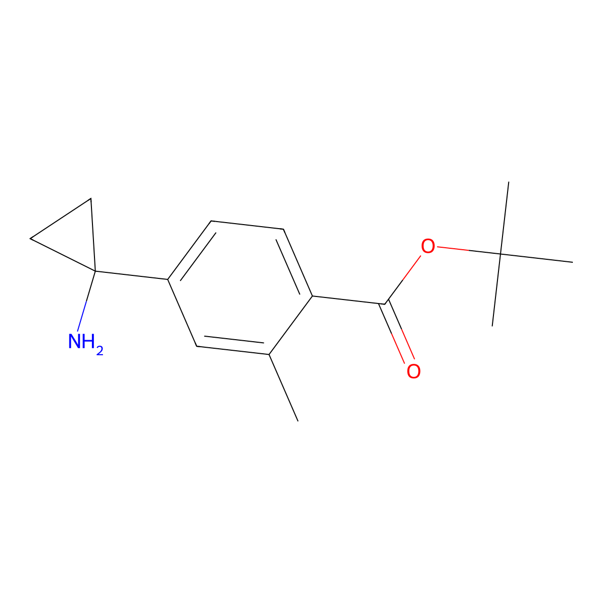 Tert-butyl 4-(1-aminocyclopropyl)-2-methylbenzoate molecular structure, CAS 2639430-77-4
