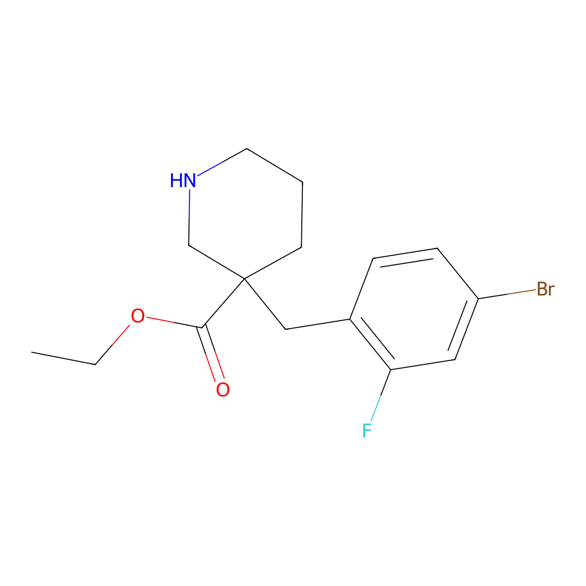 Ethyl 3-[(4-bromo-2-fluorophenyl)methyl]piperidine-3-carboxylate molecular structure, CAS 2639430-87-6