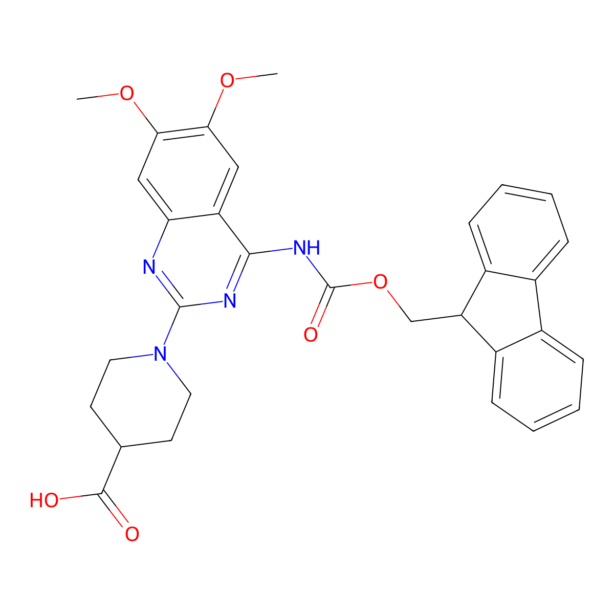 1-[4-({[(9H-fluoren-9-yl)methoxy]carbonyl}amino)-6,7-dimethoxyquinazolin-2-yl]piperidine-4-carboxylic acid molecular structure, CAS 2639431-78-8