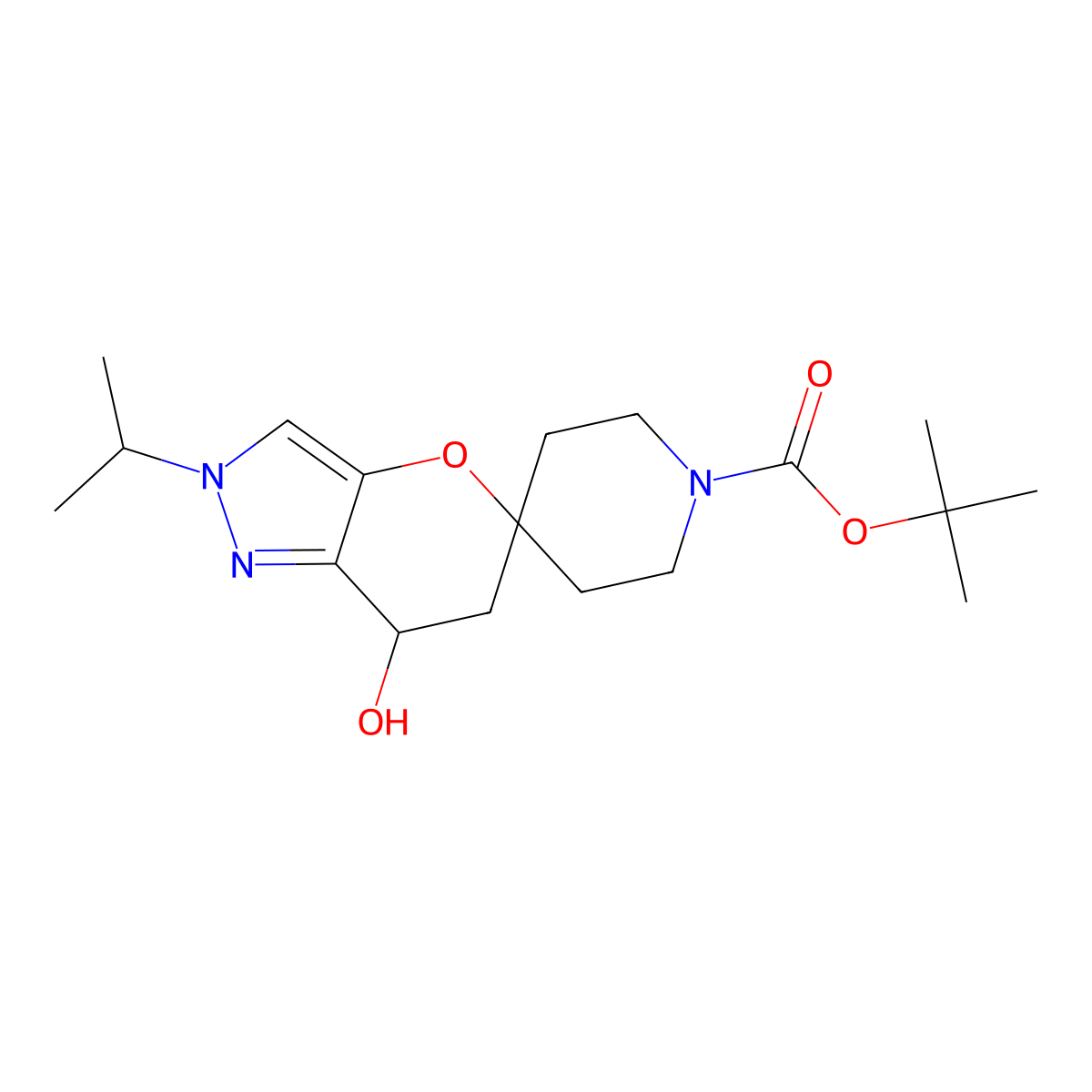 tert-butyl 7'-hydroxy-2'-(propan-2-yl)-6',7'-dihydro-2'H-spiro[piperidine-4,5'-pyrano[3,2-c]pyrazole]-1-carboxylate molecular structure, CAS 2639431-86-8