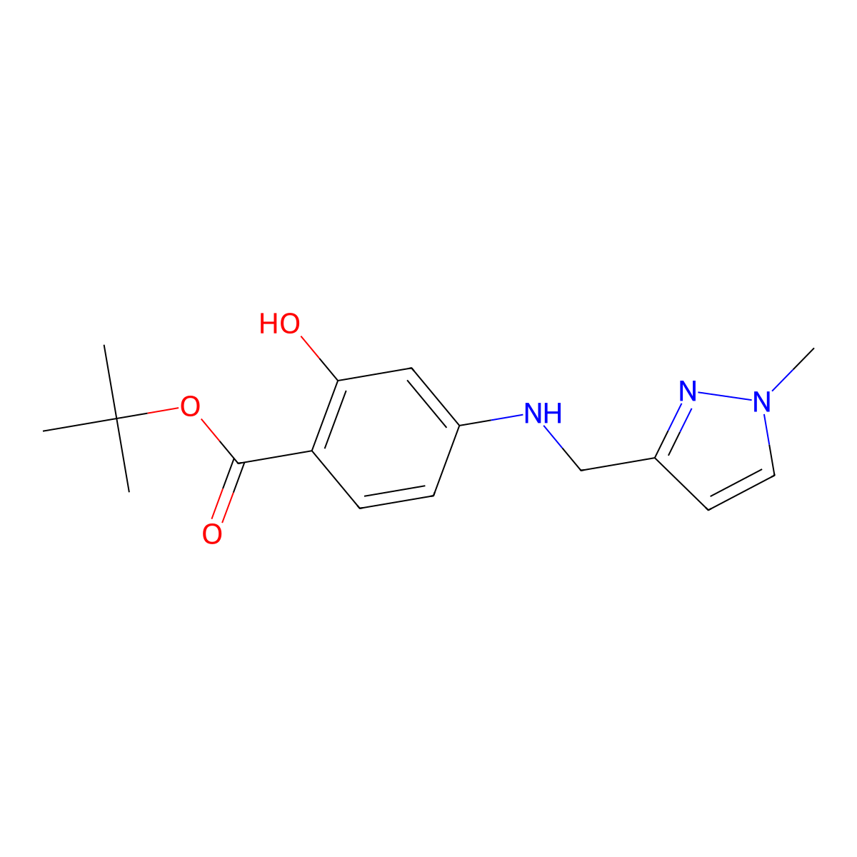 tert-butyl 2-hydroxy-4-{[(1-methyl-1H-pyrazol-3-yl)methyl]amino}benzoate molecular structure, CAS 2639431-98-2