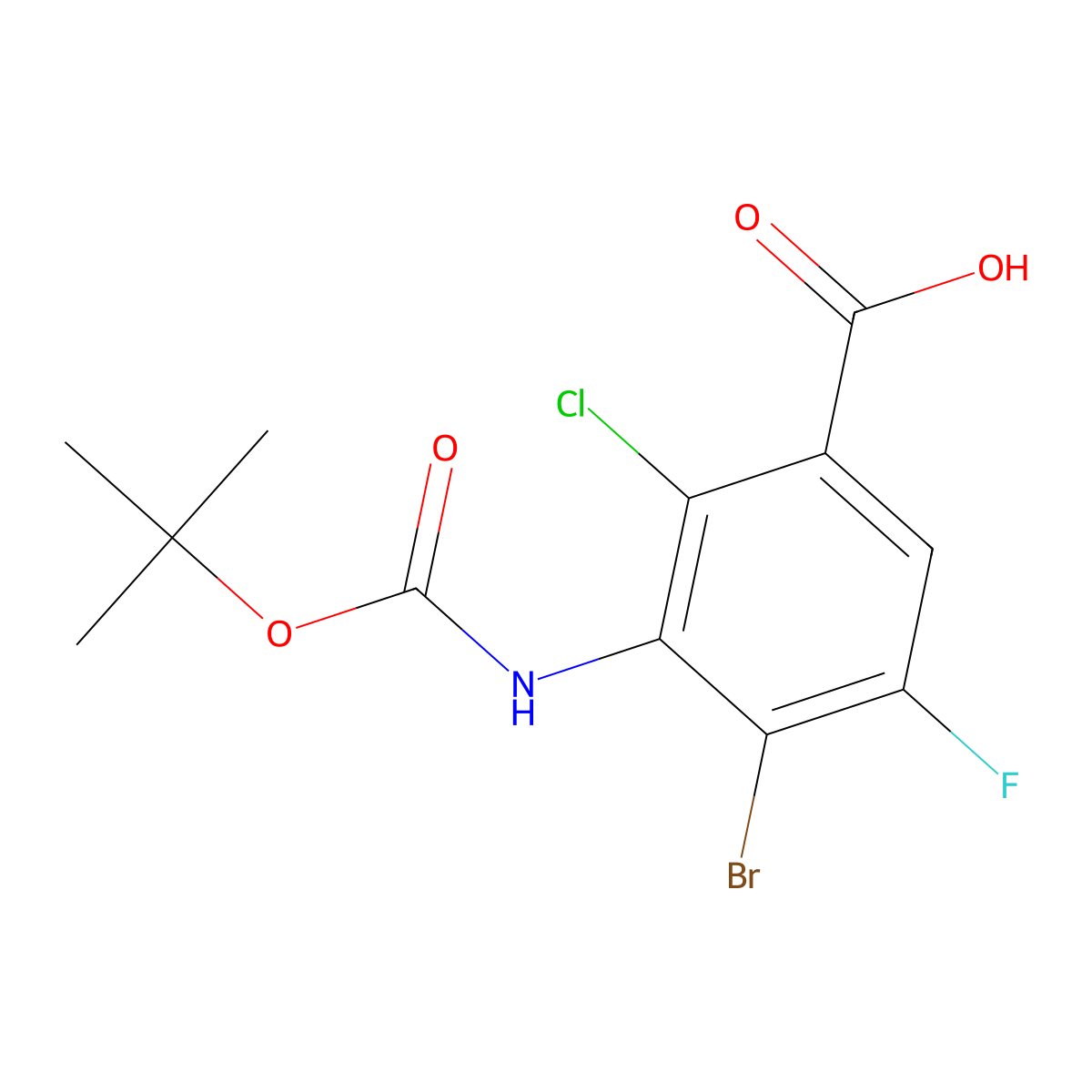 4-Bromo-3-{[(tert-butoxy)carbonyl]amino}-2-chloro-5-fluorobenzoic acid molecular structure, CAS 2639432-04-3