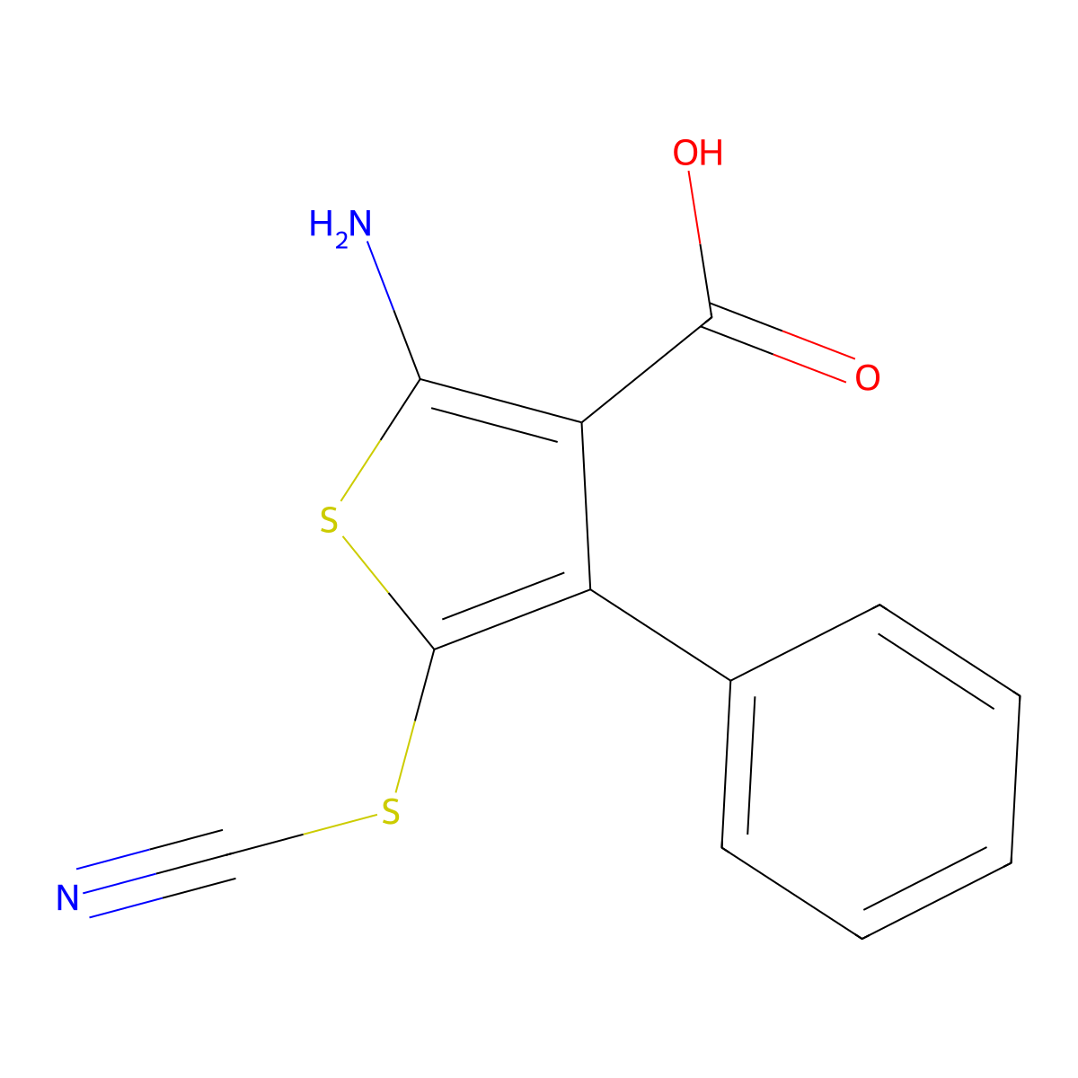 2-Amino-5-(cyanosulfanyl)-4-phenylthiophene-3-carboxylic acid molecular structure, CAS 2639432-17-8
