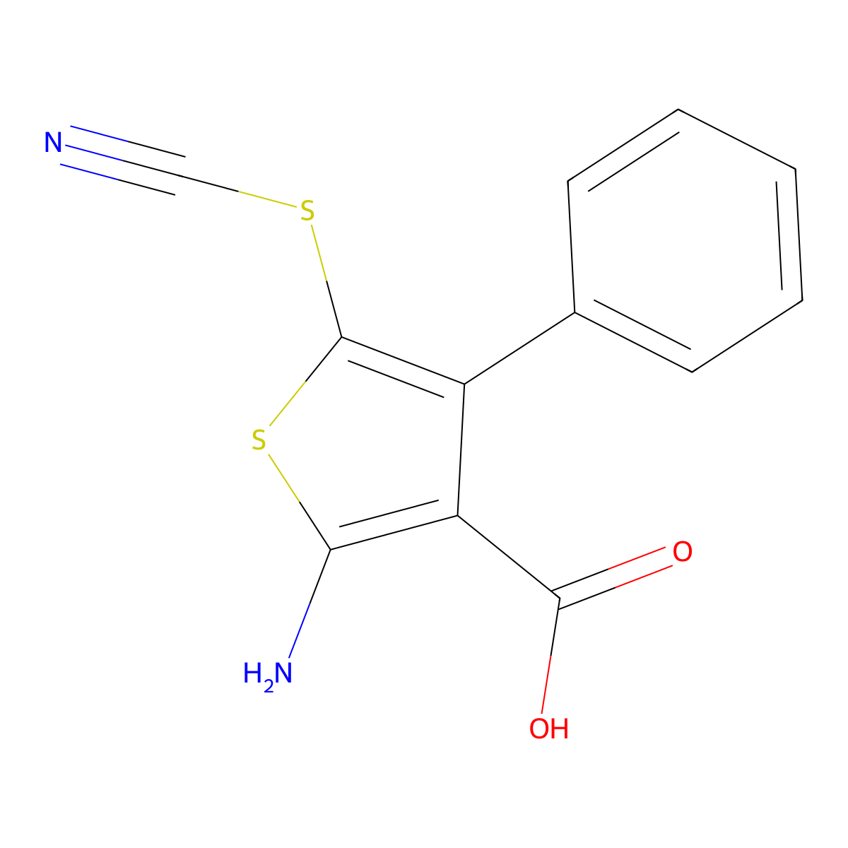 2-Amino-5-(cyanosulfanyl)-4-phenylthiophene-3-carboxylic acid molecular structure, CAS 2639432-17-8