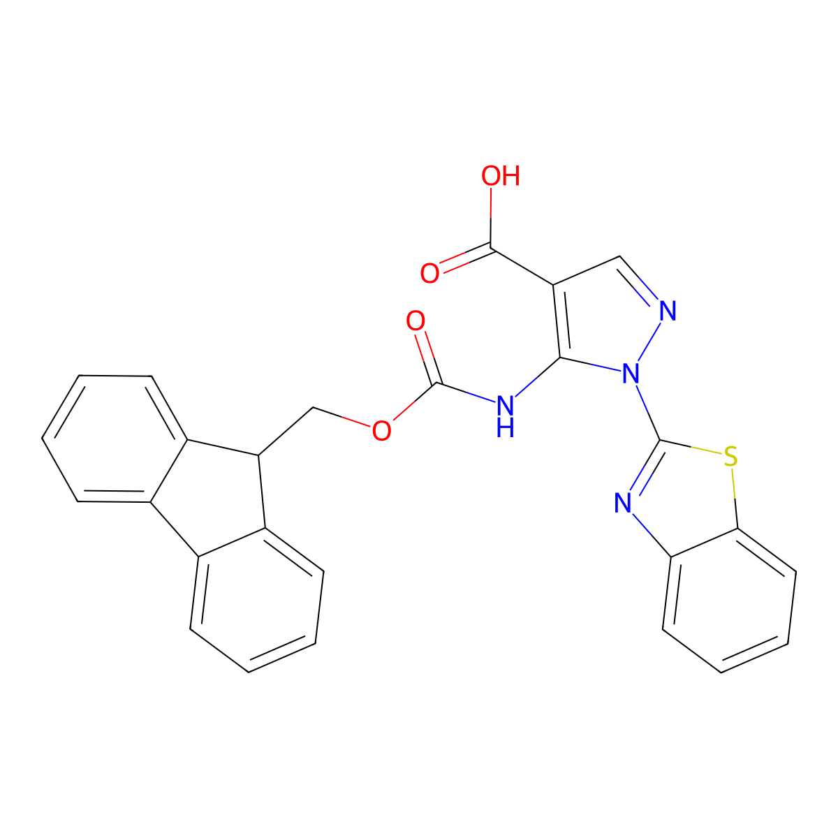 1-(1,3-benzothiazol-2-yl)-5-({[(9H-fluoren-9-yl)methoxy]carbonyl}amino)-1H-pyrazole-4-carboxylic acid molecular structure, CAS 2639432-47-4