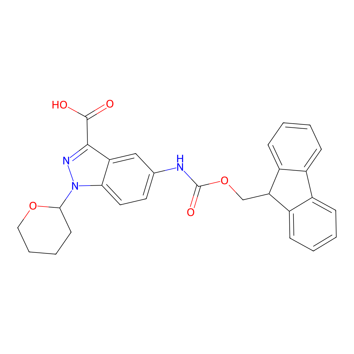 5-({[(9H-fluoren-9-yl)methoxy]carbonyl}amino)-1-(oxan-2-yl)-1H-indazole-3-carboxylic acid molecular structure, CAS 2639433-35-3