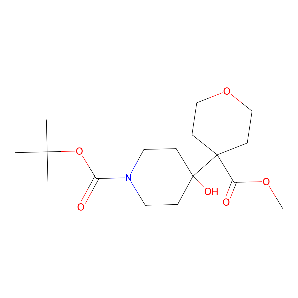 Tert-butyl 4-hydroxy-4-[4-(methoxycarbonyl)oxan-4-yl]piperidine-1-carboxylate molecular structure, CAS 2639433-45-5