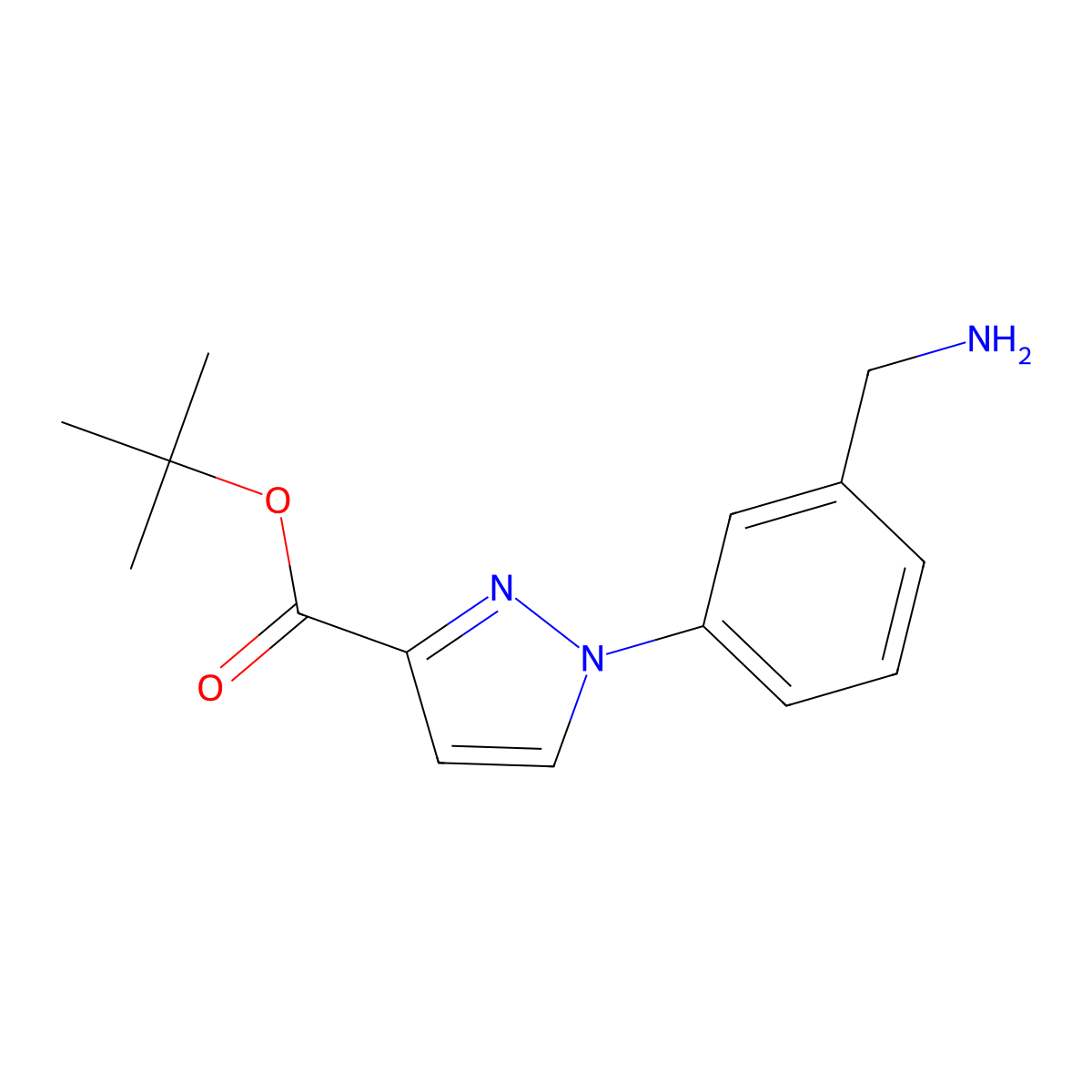tert-butyl 1-[3-(aminomethyl)phenyl]-1H-pyrazole-3-carboxylate molecular structure, CAS 2639434-28-7