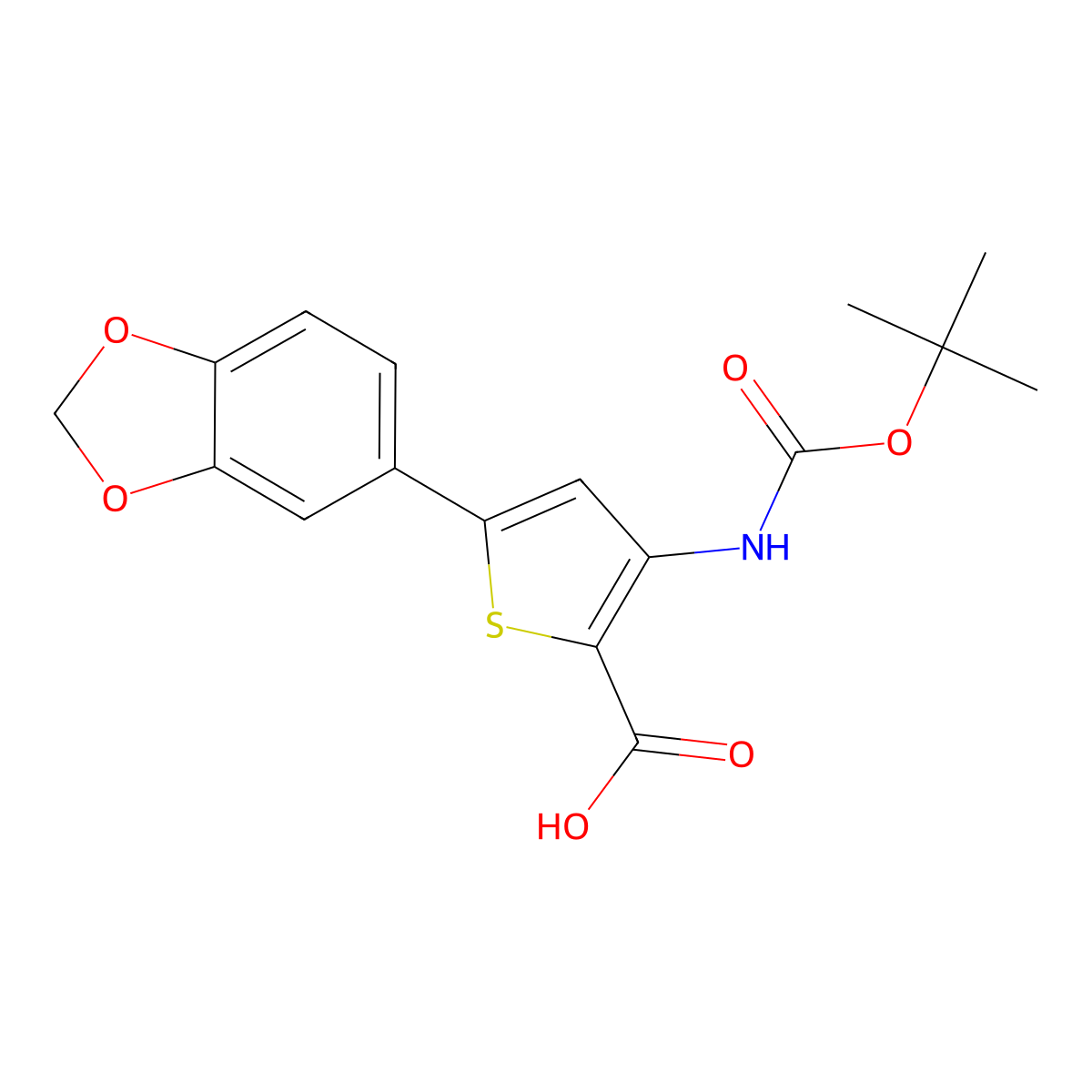 5-(1,3-Dioxaindan-5-yl)-3-{[(tert-butoxy)carbonyl]amino}thiophene-2-carboxylic acid molecular structure, CAS 2639434-32-3