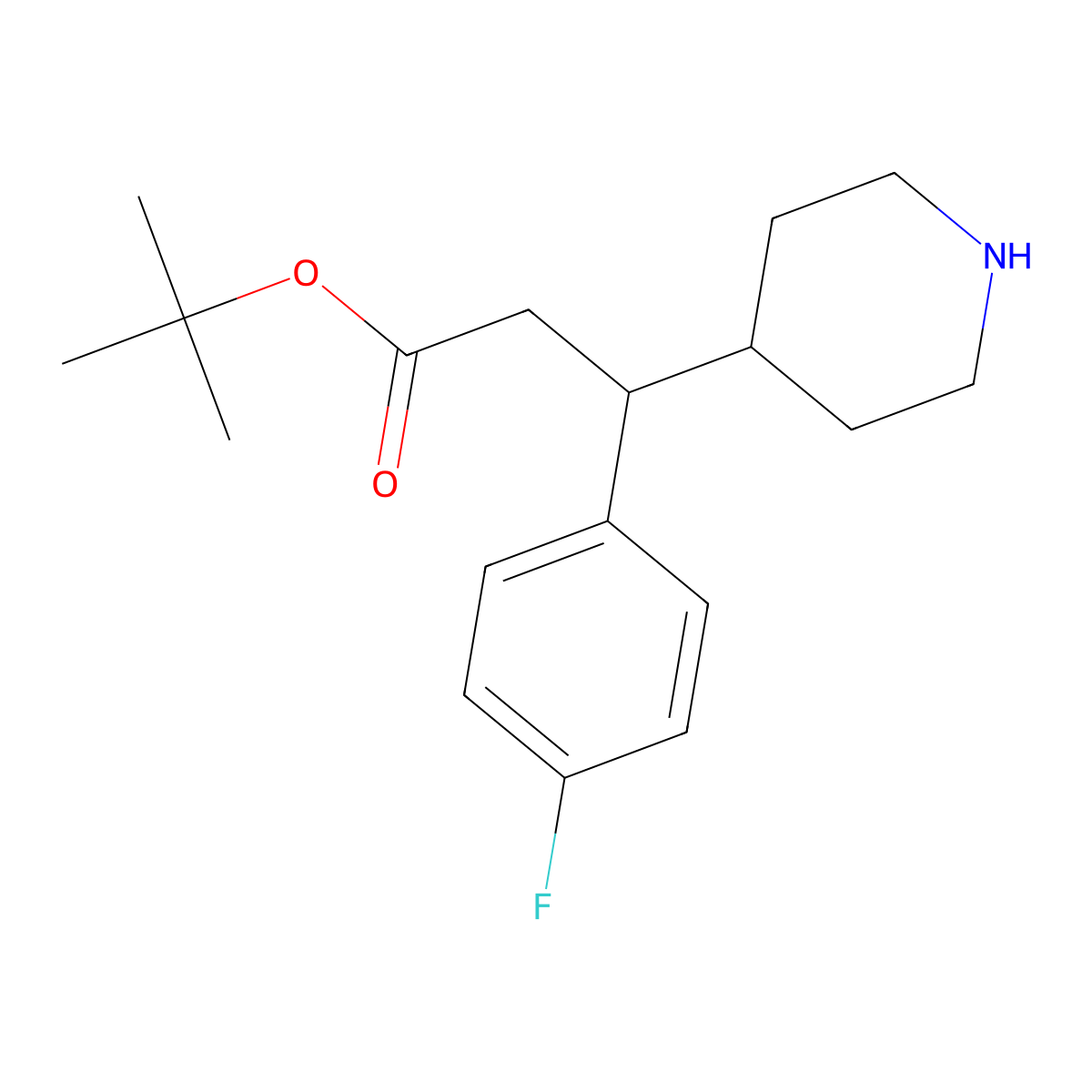 Tert-butyl 3-(4-fluorophenyl)-3-(piperidin-4-yl)propanoate molecular structure, CAS 2639436-63-6