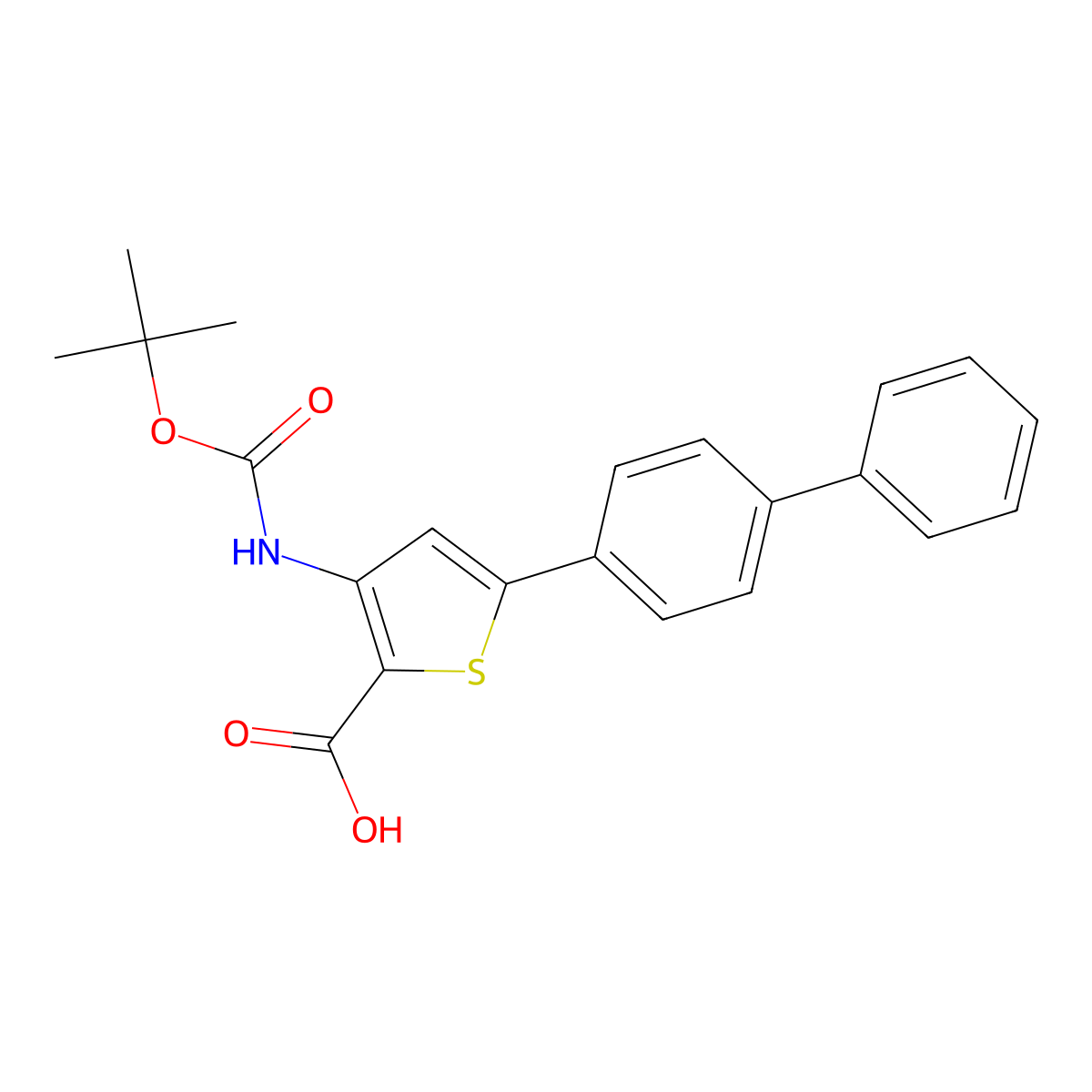 5-{[1,1'-Biphenyl]-4-yl}-3-{[(tert-butoxy)carbonyl]amino}thiophene-2-carboxylic acid molecular structure, CAS 2639437-24-2