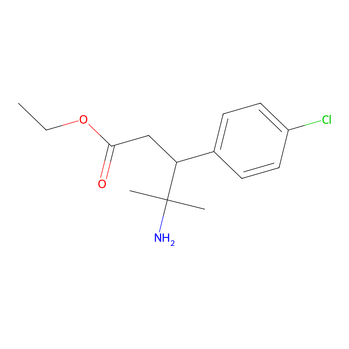 Ethyl 4-amino-3-(4-chlorophenyl)-4-methylpentanoate molecular structure, CAS 2639437-26-4