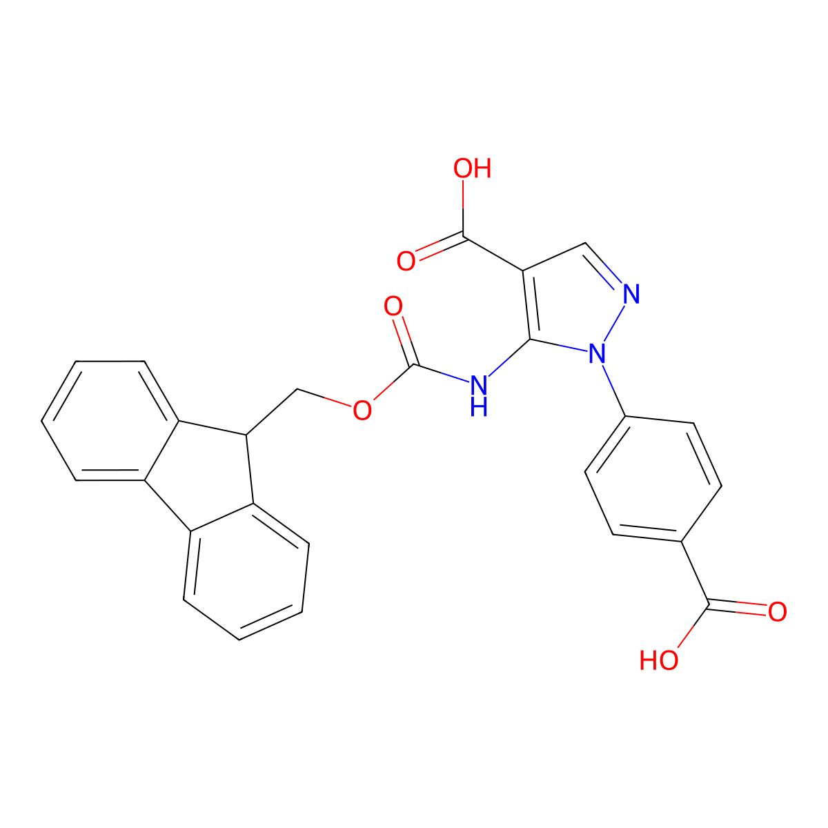 1-(4-carboxyphenyl)-5-({[(9H-fluoren-9-yl)methoxy]carbonyl}amino)-1H-pyrazole-4-carboxylic acid molecular structure, CAS 2639437-95-7