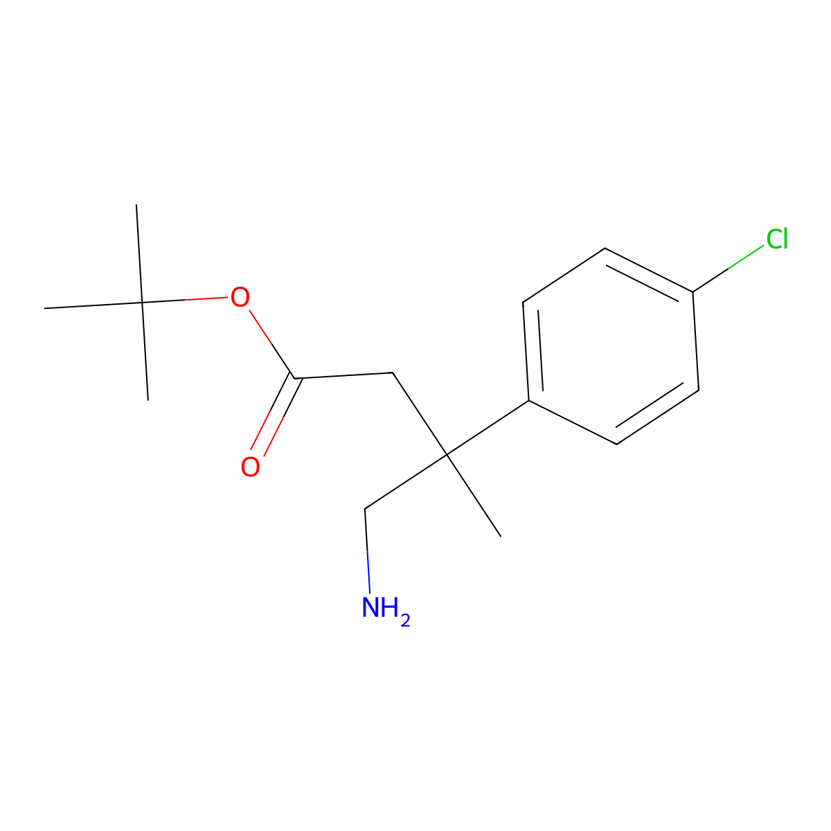 Tert-butyl 4-amino-3-(4-chlorophenyl)-3-methylbutanoate molecular structure, CAS 2639439-49-7