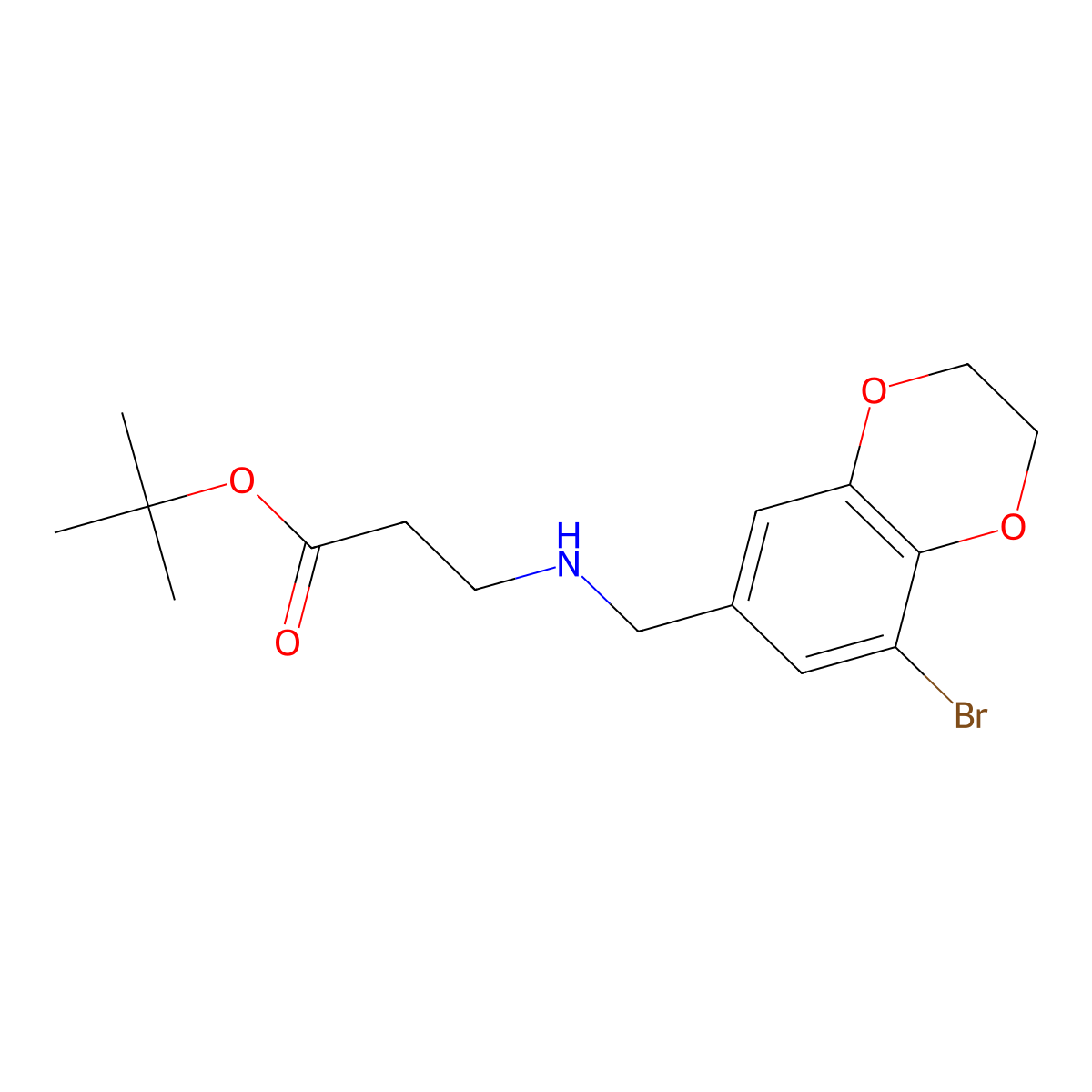 Tert-butyl 3-{[(8-bromo-2,3-dihydro-1,4-benzodioxin-6-yl)methyl]amino}propanoate molecular structure, CAS 2639439-62-4